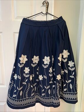 Navy Floral Embroidered A-Line Skirt Size 10